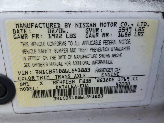 3N1CB51D86L541883 - 2006 NISSAN SENTRA 1.8 WHITE photo 10