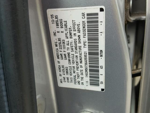 1HGCM56736A059521 - 2006 HONDA ACCORD EX SILVER photo 10