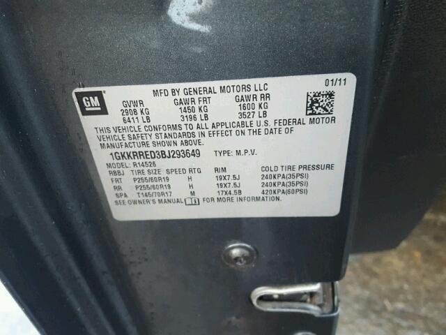 1GKKRRED3BJ293649 - 2011 GMC ACADIA SLT Grafit foto 10