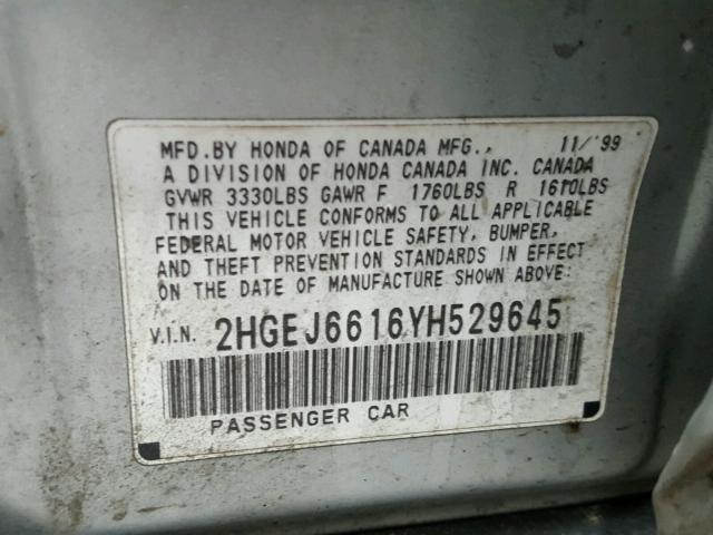 2HGEJ6616YH529645 - 2000 HONDA CIVIC BASE 银色 照片 10