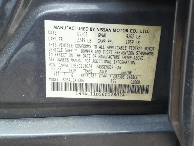 1N4AL11D56C128024 - 2006 NISSAN ALTIMA S CHARCOAL photo 10