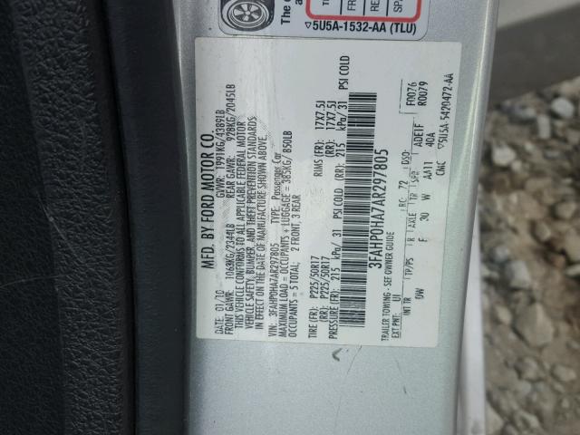 3FAHP0HA7AR297805 - 2010 FORD FUSION SE SILVER photo 10