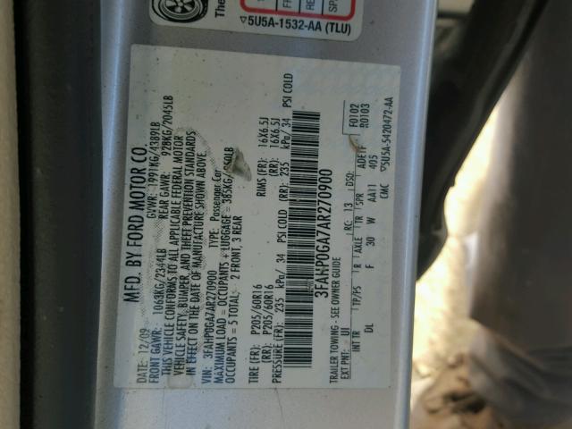 3FAHP0GA7AR270900 - 2010 FORD FUSION S SILVER photo 10