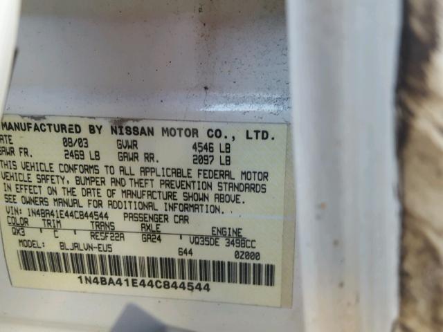 1N4BA41E44C844544 - 2004 NISSAN MAXIMA SE WHITE photo 10