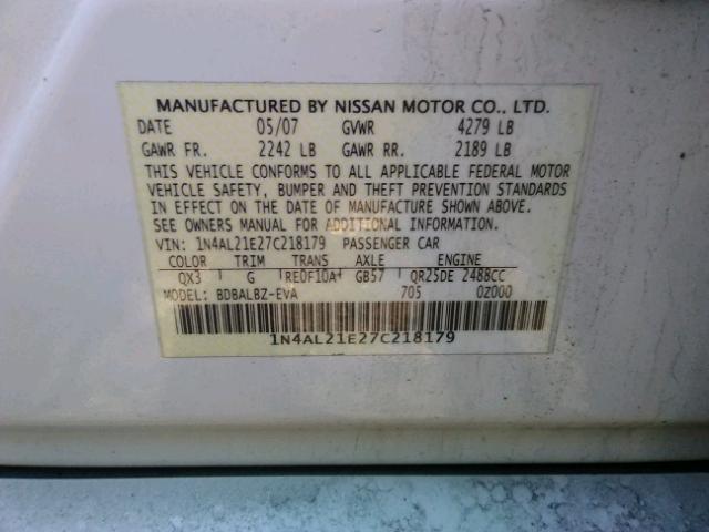 1N4AL21E27C218179 - 2007 NISSAN ALTIMA 2.5 WHITE photo 10