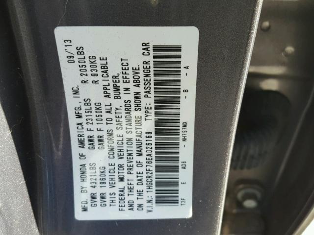 1HGCR2F76EA026169 - 2014 HONDA ACCORD EX GRAY photo 10