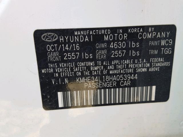 KMHE34L18HA053944 - 2017 HYUNDAI SONATA HYB WHITE photo 10