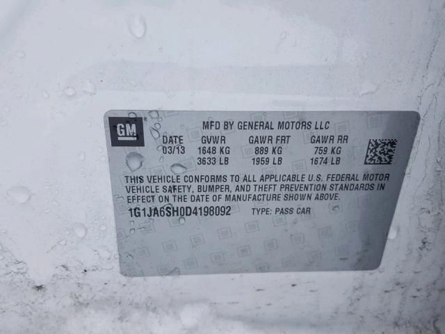 1G1JA6SH0D4198092 - 2013 CHEVROLET SONIC LS 白色 照片 10