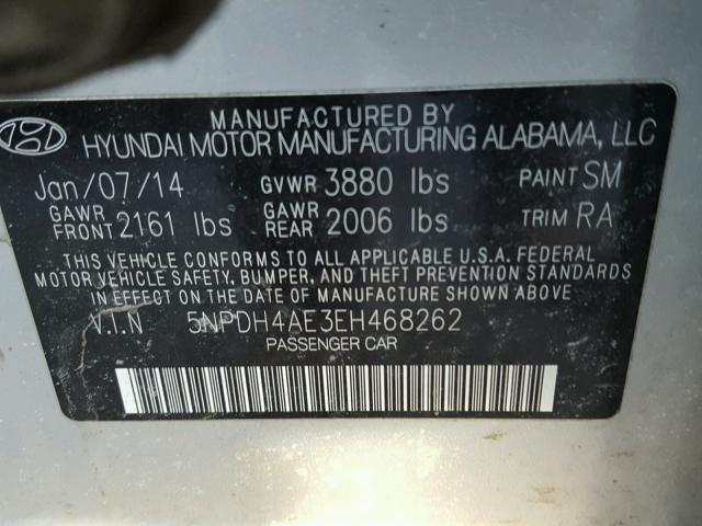 5NPDH4AE3EH468262 - 2014 HYUNDAI ELANTRA SE SILVER photo 10