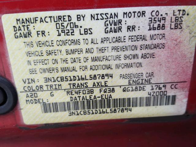 3N1CB51D16L587894 - 2006 NISSAN SENTRA 1.8 RED photo 10