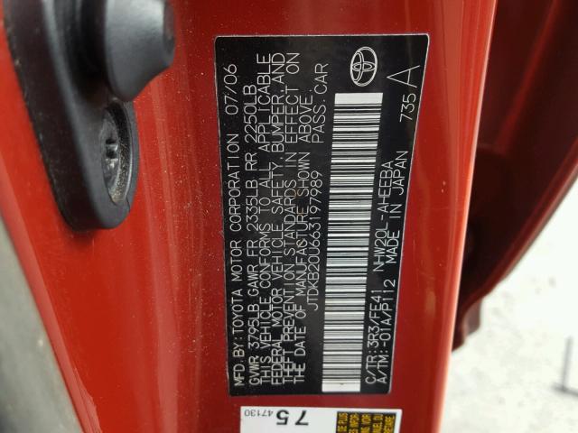 JTDKB20U663197989 - 2006 TOYOTA PRIUS RED photo 10