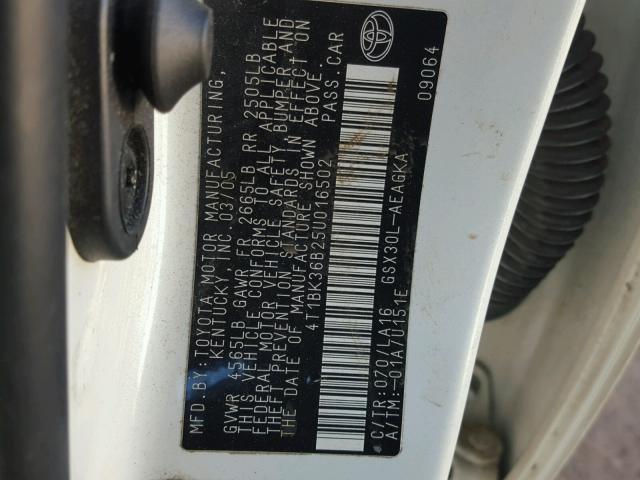 4T1BK36B25U016502 - 2005 TOYOTA AVALON XL WHITE photo 10