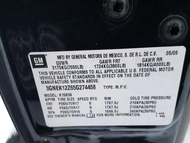 3GNEK12Z65G274458 - 2005 CHEVROLET AVALANCHE GRAY photo 10