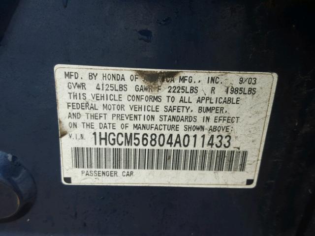 1HGCM56804A011433 - 2004 HONDA ACCORD EX BLUE photo 10