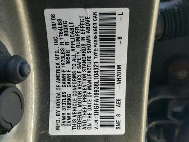 1HGFA16938L104321 - 2008 HONDA CIVIC EXL 灰色 照片 10