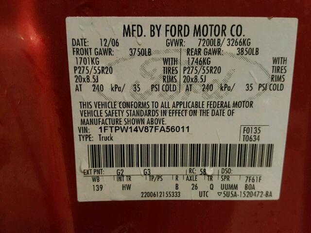 1FTPW14V87FA56011 - 2007 FORD F150 SUPER RED photo 10