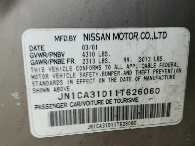 JN1CA31D11T626060 - 2001 NISSAN MAXIMA GXE GRAY photo 10