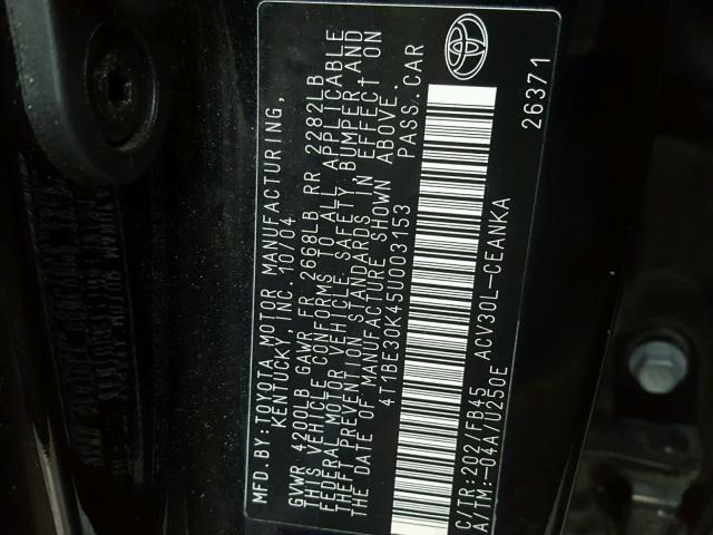 4T1BE30K45U003153 - 2005 TOYOTA CAMRY LE BLACK photo 10