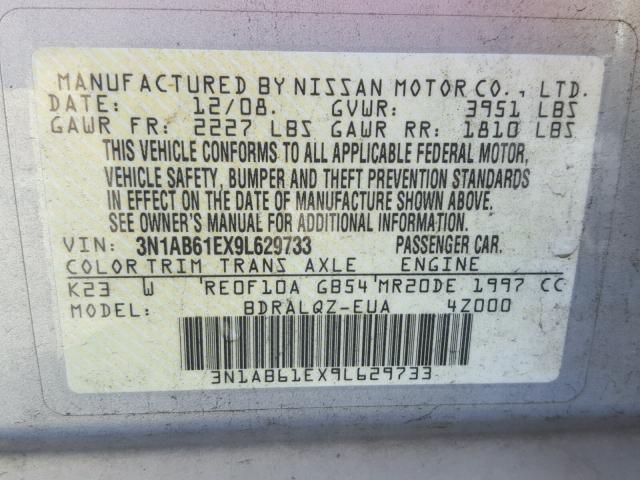 3N1AB61EX9L629733 - 2009 NISSAN SENTRA 2.0 SILVER photo 10