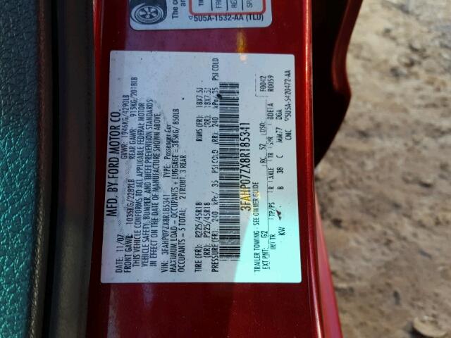 3FAHP07ZX8R185341 - 2008 FORD FUSION SE RED photo 10