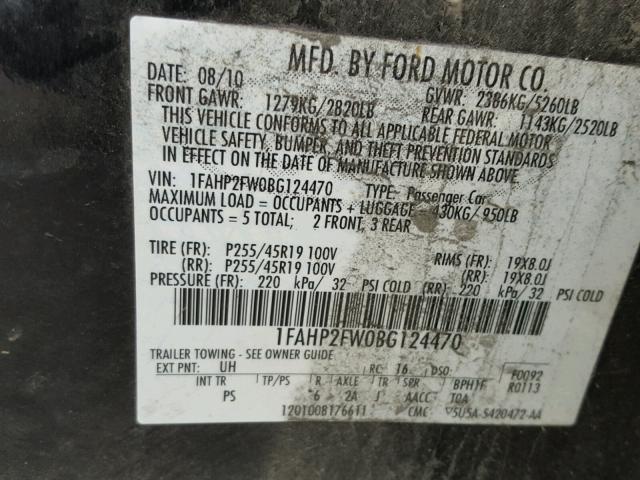 1FAHP2FW0BG124470 - 2011 FORD TAURUS LIM BLACK photo 10