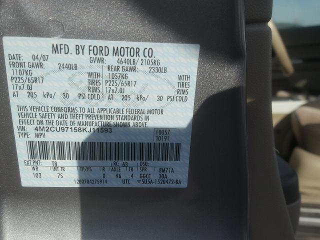 4M2CU97158KJ11593 - 2008 MERCURY MARINER PR GRAY photo 10