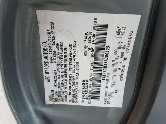 1FAFP53UX5A300525 - 2005 FORD TAURUS SE TEAL photo 10