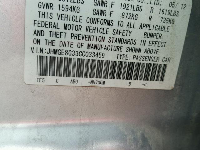 JHMGE8G33CC033459 - 2012 HONDA FIT SILVER photo 10