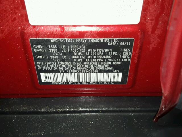 4S4BRCKC8B3428080 - 2011 SUBARU OUTBACK 2. MAROON photo 10