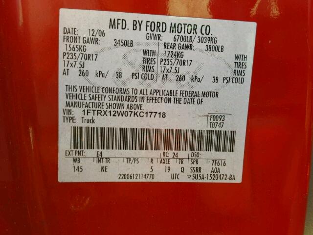 1FTRX12W07KC17718 - 2007 FORD F150 RED photo 10
