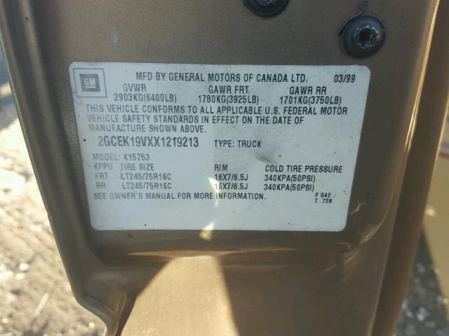 2GCEK19VXX1219213 - 1999 CHEVROLET SILVERADO TAN photo 10