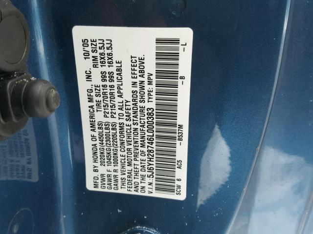 5J6YH28746L000383 - 2006 HONDA ELEMENT EX BLUE photo 10