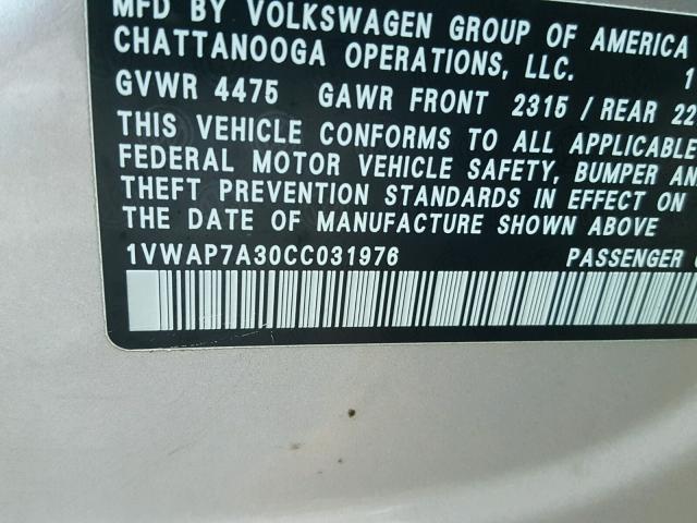 1VWAP7A30CC031976 - 2012 VOLKSWAGEN PASSAT S SILVER photo 10