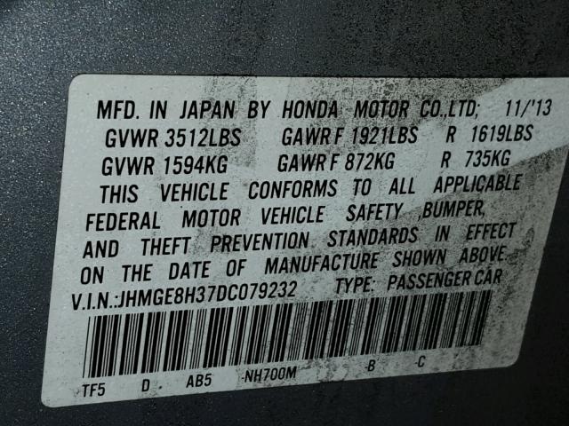 JHMGE8H37DC079232 - 2013 HONDA FIT SILVER photo 10