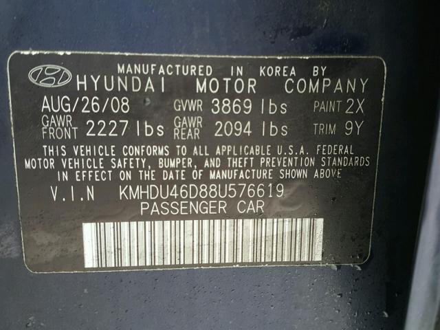 KMHDU46D88U576619 - 2008 HYUNDAI ELANTRA GL BLUE photo 10