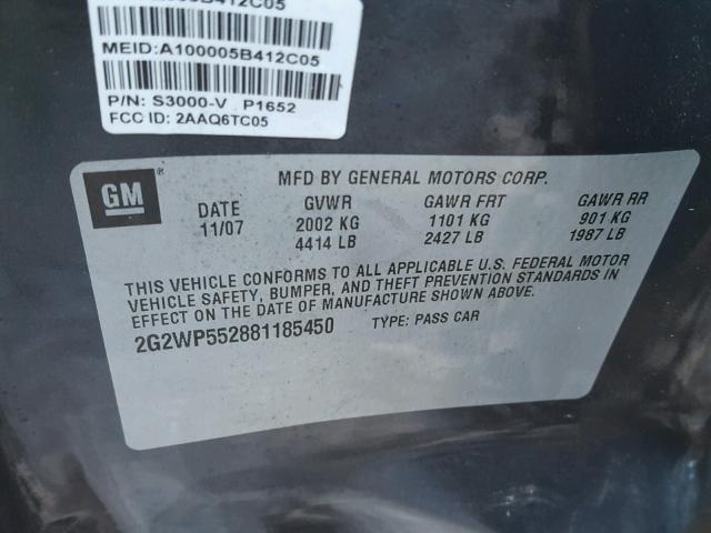 2G2WP552881185450 - 2008 PONTIAC GRAND PRIX GRAY photo 10