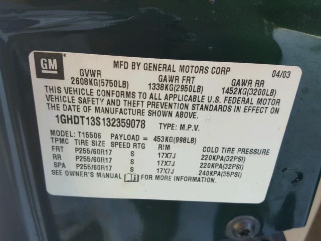 1GHDT13S132359078 - 2003 OLDSMOBILE BRAVADA GREEN photo 10