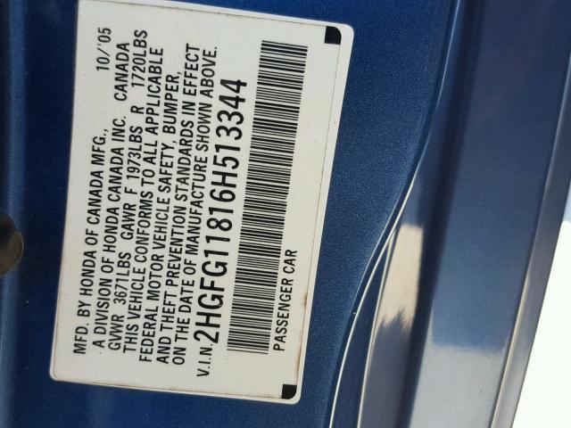 2HGFG11816H513344 - 2006 HONDA CIVIC EX Կապույտ լուսանկար 10