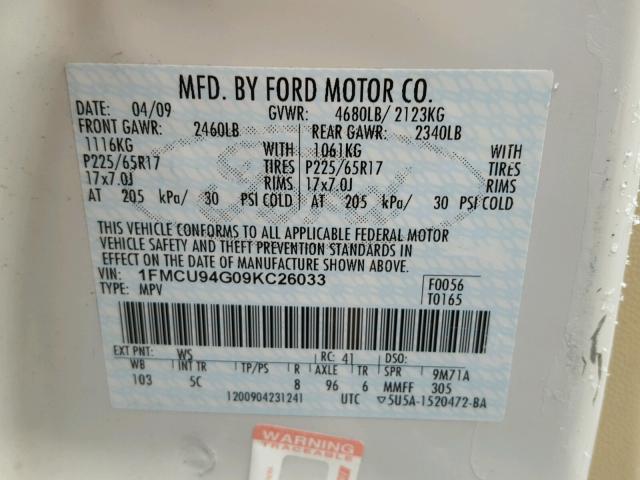 1FMCU94G09KC26033 - 2009 FORD ESCAPE LIM WHITE photo 10