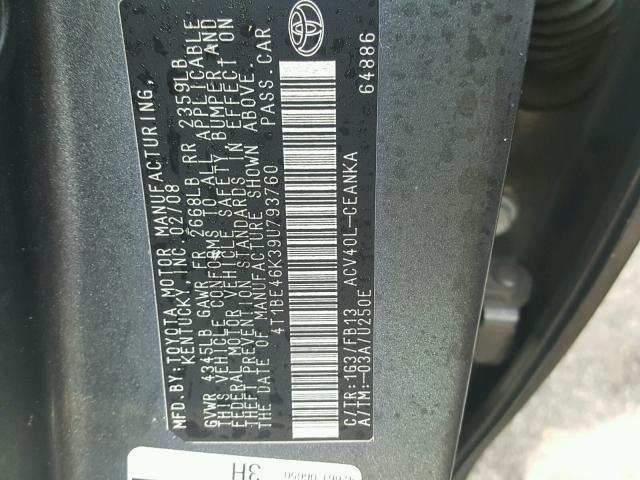 4T1BE46K39U793760 - 2009 TOYOTA CAMRY BASE SILVER photo 10