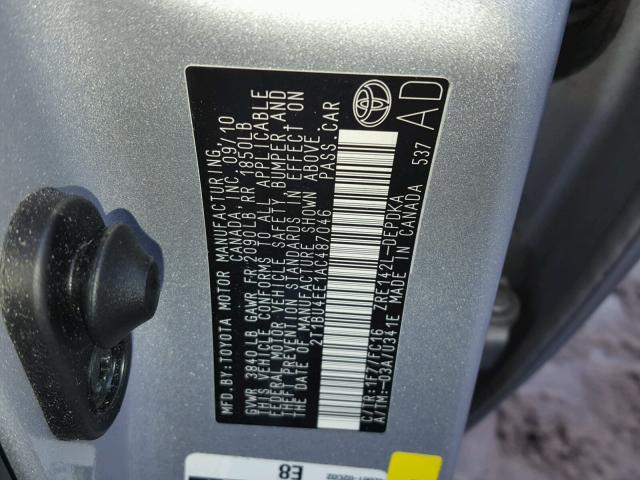 2T1BU4EE1AC487046 - 2010 TOYOTA COROLLA BA SILVER photo 10