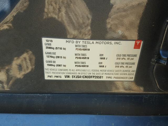 5YJSA1CN0DFP26581 - 2013 TESLA MODEL S GRAY photo 10