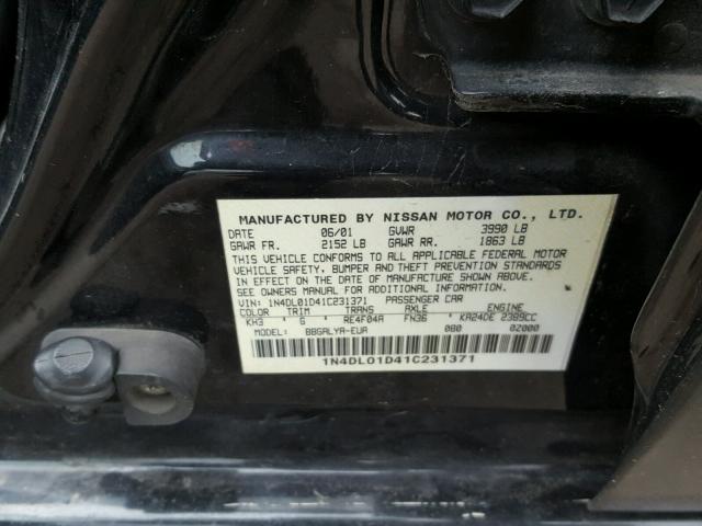 1N4DL01D41C231371 - 2001 NISSAN ALTIMA XE BLACK photo 10