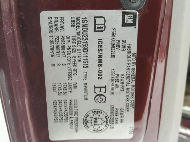 1GNDU23159D111615 - 2009 CHEVROLET UPLANDER L RED photo 10