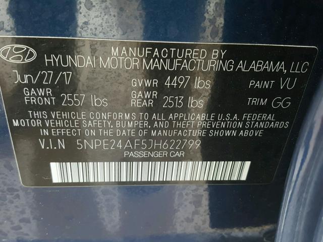 5NPE24AF5JH622799 - 2018 HYUNDAI SONATA SE BLUE photo 10