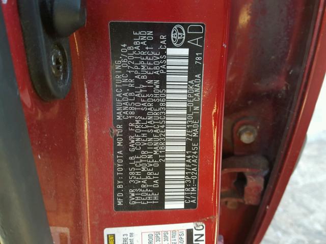 2T1BR32E45C338605 - 2005 TOYOTA COROLLA CE RED photo 10