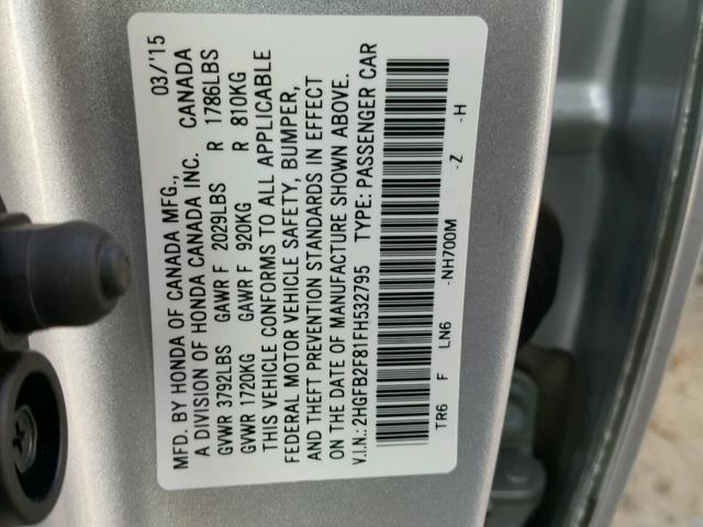 2HGFB2F81FH532795 - 2015 HONDA CIVIC EX SILVER photo 10