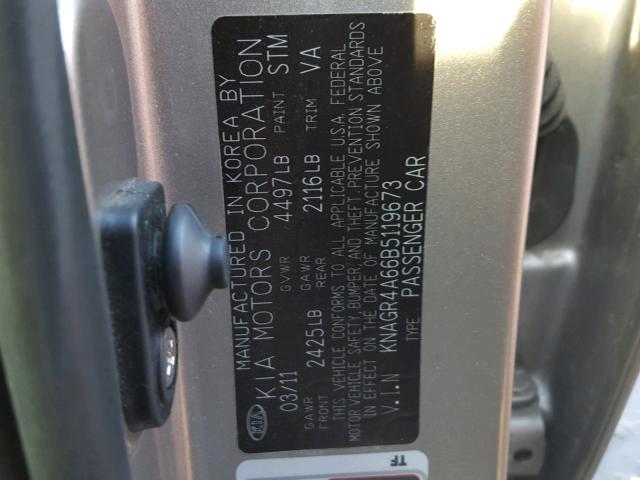 KNAGR4A66B5119673 - 2011 KIA OPTIMA SX SILVER photo 10