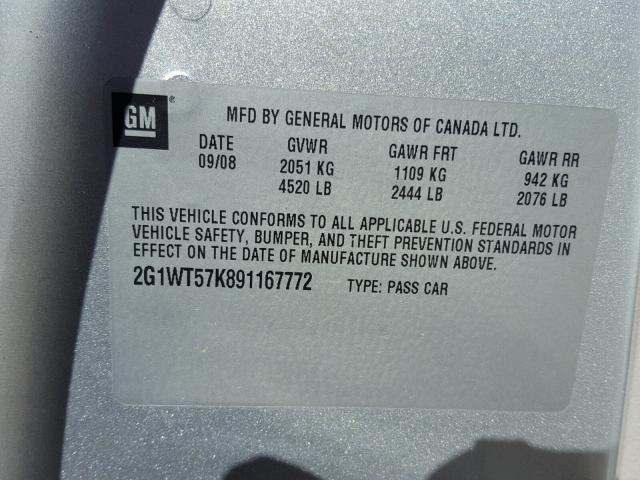 2G1WT57K891167772 - 2009 CHEVROLET IMPALA 1LT SILVER photo 10