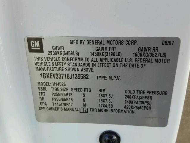 1GKEV33718J139582 - 2008 GMC ACADIA SLT თეთრი ფოტო 10